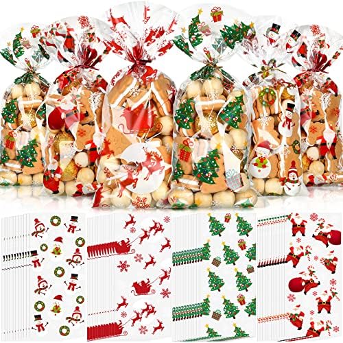 Outus 100 Pieces Christmas Cellophane Treat Bags, Plastic Christmas Cello Bags with Twist Ties for Candy, Cookie, Goodies, Gift Wrap, Xmas Party Favor Supplies (Bright pattern)