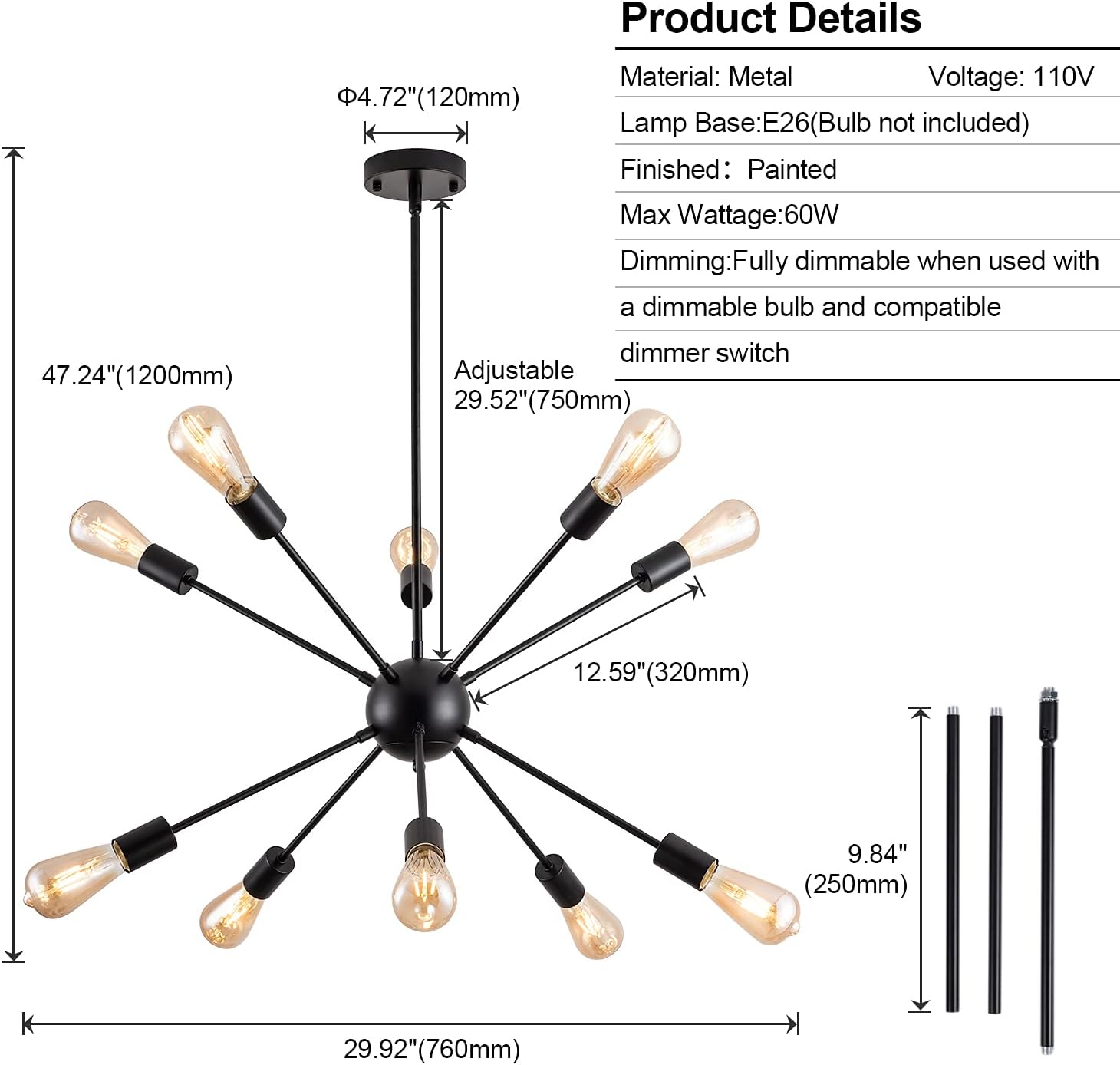 Best Cyber Deals 🔥 Sputnik Chandelier 10 Lights Modern Matte Black Chandelier Industrial Pendant Light Mid Century Lighting Ceiling Light Fixture for Kitchen Island Hallway Living Room Bedroom Bar