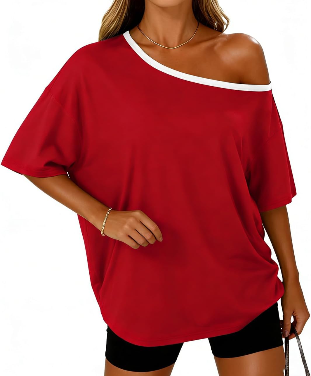 LEEDYA Off The Shoulder Tops for Women Summer Sexy Oversized T-Shirts Short Sleeve Color Block Casual Batwing Tunic Top