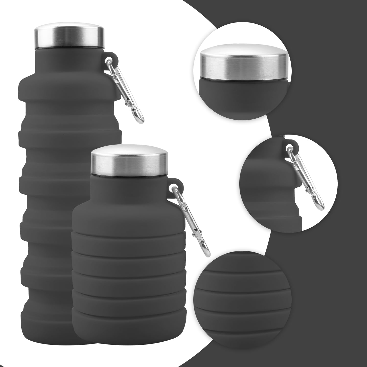 Rumyve Silicone Water Bottle,Collapsible Portable Travel Bottle,Leakproof Sports Bottles Outdoor Accessories for Hiking Camping Running(Grey) - Image 3