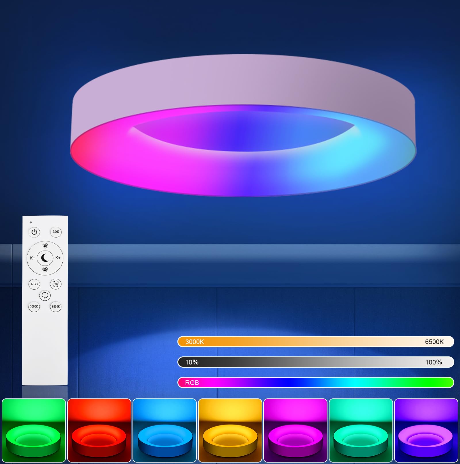 RDGOOD 24W RGB LED Plafón Luminaria Regulable con Mando a Distancia, 2400LM Plafón LED Regulable RGB Cambio de Color, 3000K-6500K Luz de Salón para Dormitorio Cuarto de Niños Cocina Sótano φ28cm