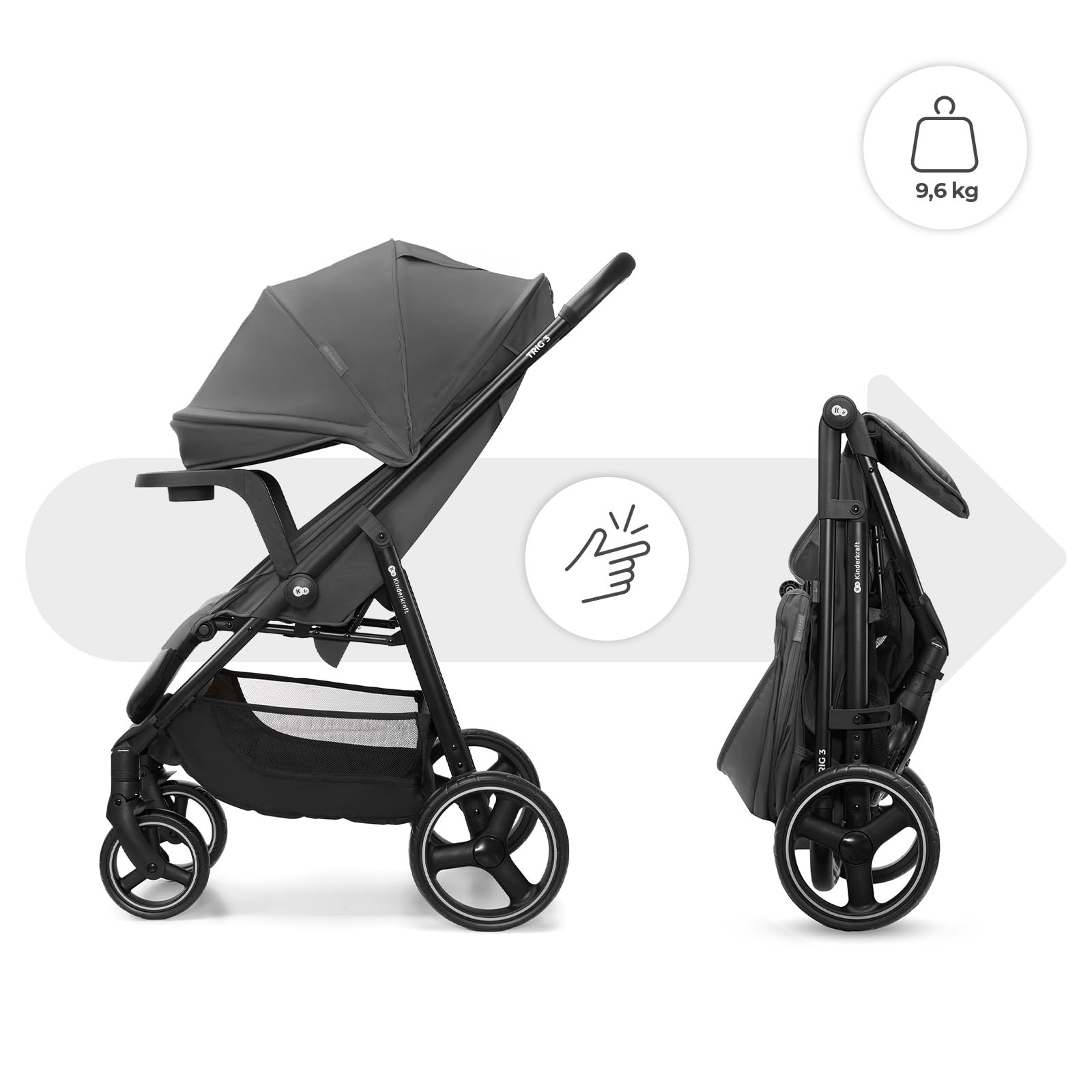 Kinderkraft TRIG 3 con vassoio, Passeggino 22 kg, CLICK & FOLD, Grigio