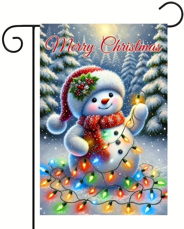 Merry Christmas Garden Flag With Festive Snowman Colorful Holiday Lights And Snowy Trees Christmas Garden Flags For Outside Outdoor Yard Decoration 12x18 Inch