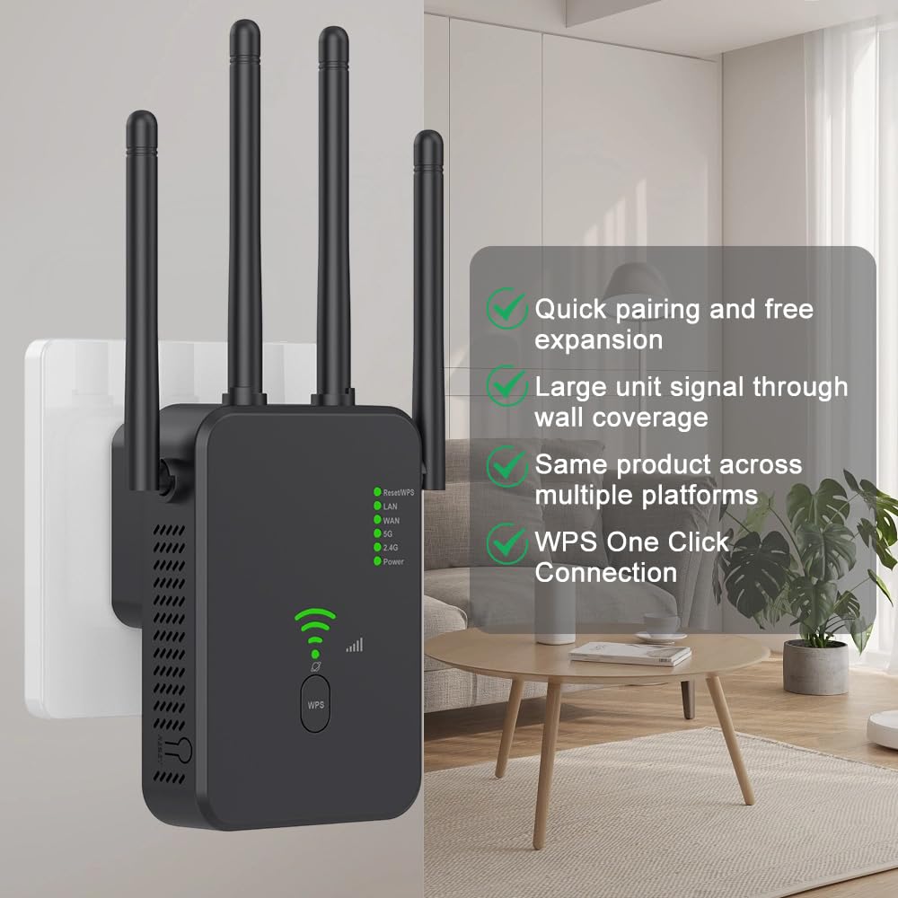 Wzmacniacz Wi-Fi, wzmacniacz sygnału WiFi, wzmacniacz sygnału WiFi, 2,4 GHz + 5 GHz WiFi Booster z repeaterem, kompatybilny ze wszystkimi routerami z 1 portem WAN, 1 portem LAN, obsługa WPS