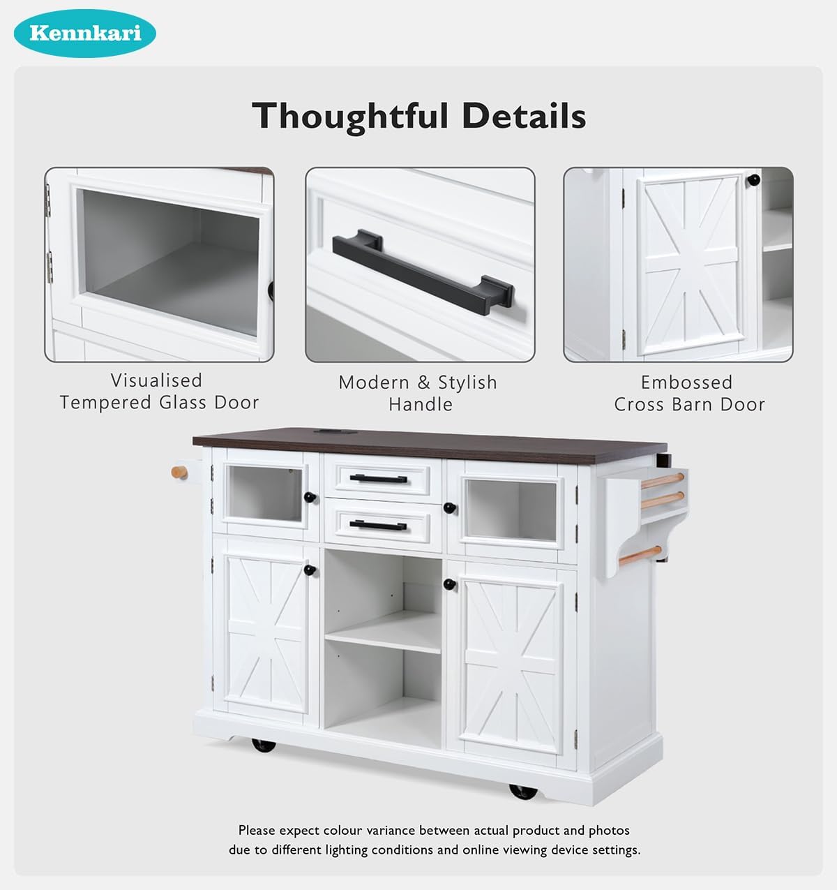 54.9" Mobile Kitchen Island with Drop Leaf and Power Outlet, Island Cart with 4 Cross Barn Doors and Shelves for Kitchen, Rolling Island on 4 Wheels for Dining Room (White)