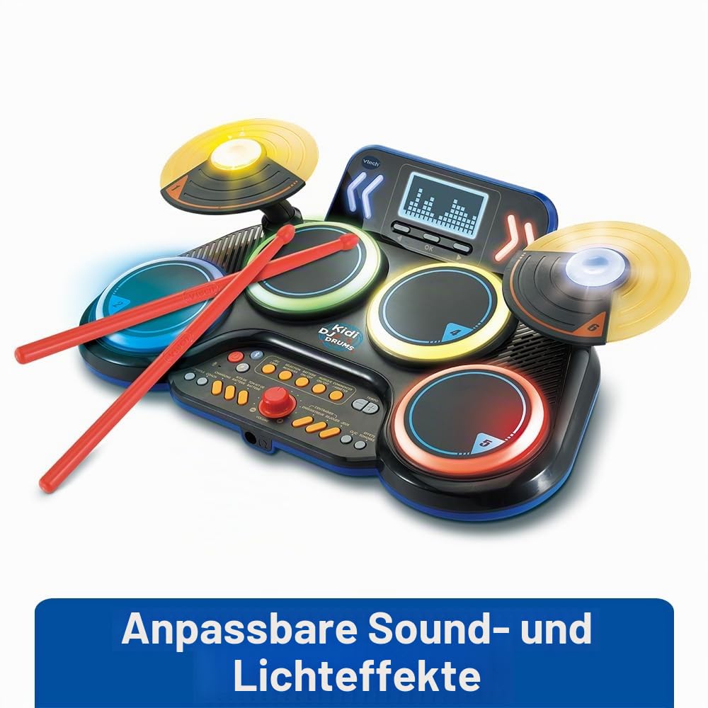 VTech - Kidi DJ Drums, elektronisches Schlagzeug für Kinder mit Leuchtpads, Becken, Sticks, Bluetooth, Klinkenstecker für Kopfhörer, Lernen und Spiele, Geschenk für Kinder ab 6 Jahren – Inhalt auf