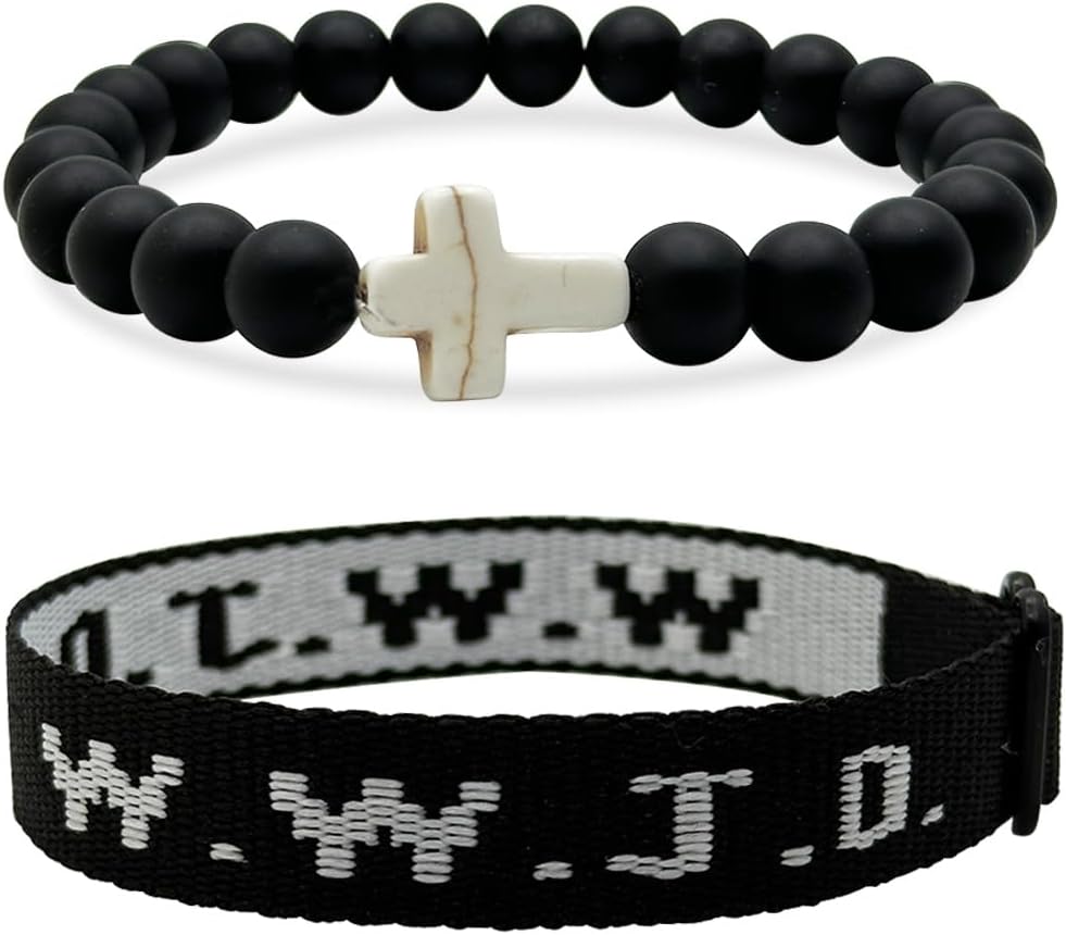 2PCS WWJD Bracelets for Women Men Bead String What Would Jesus Do Bracelets Christian Jewelry Gifts