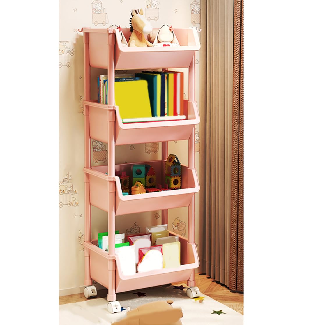 Amazon.co.jp: [FOQW] キッチンワゴン 収納ワゴン ピンク-4段 収納