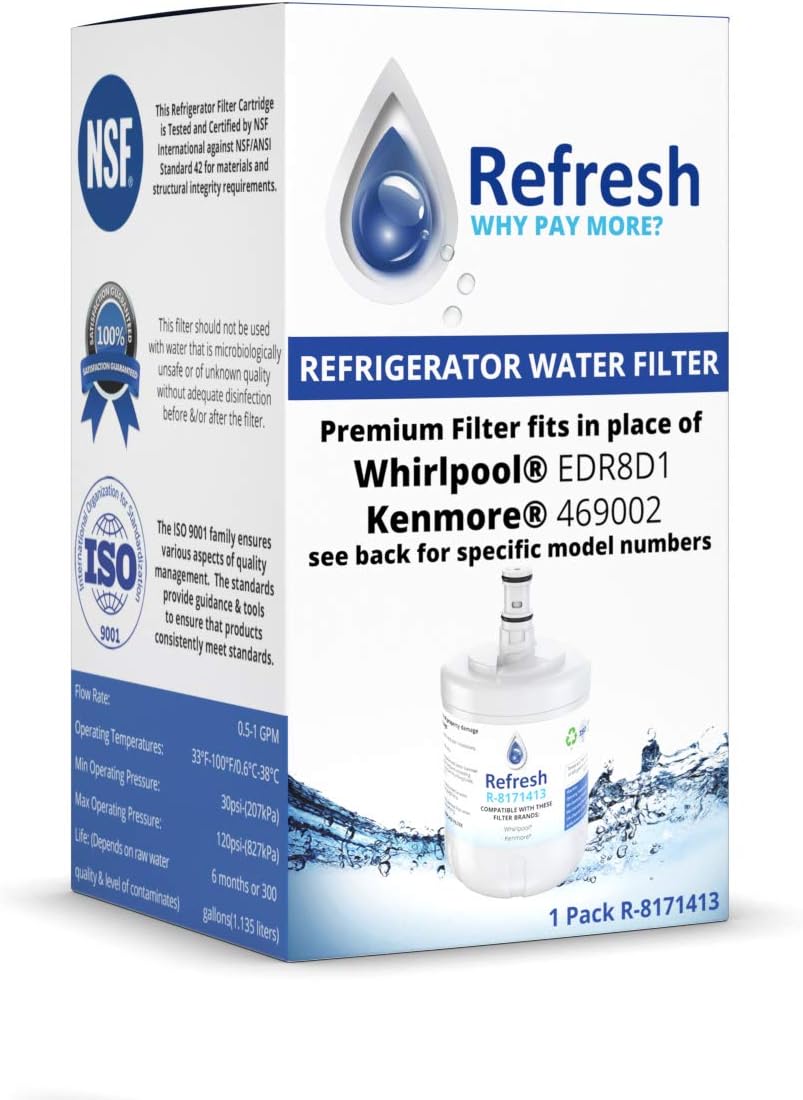 Refresh Replacement Refrigerator Water Filter for Whirlpool 8171413, 8171414, EDR8D1, and Kenmore 9002, 469002, 8171414 (3 Pack)