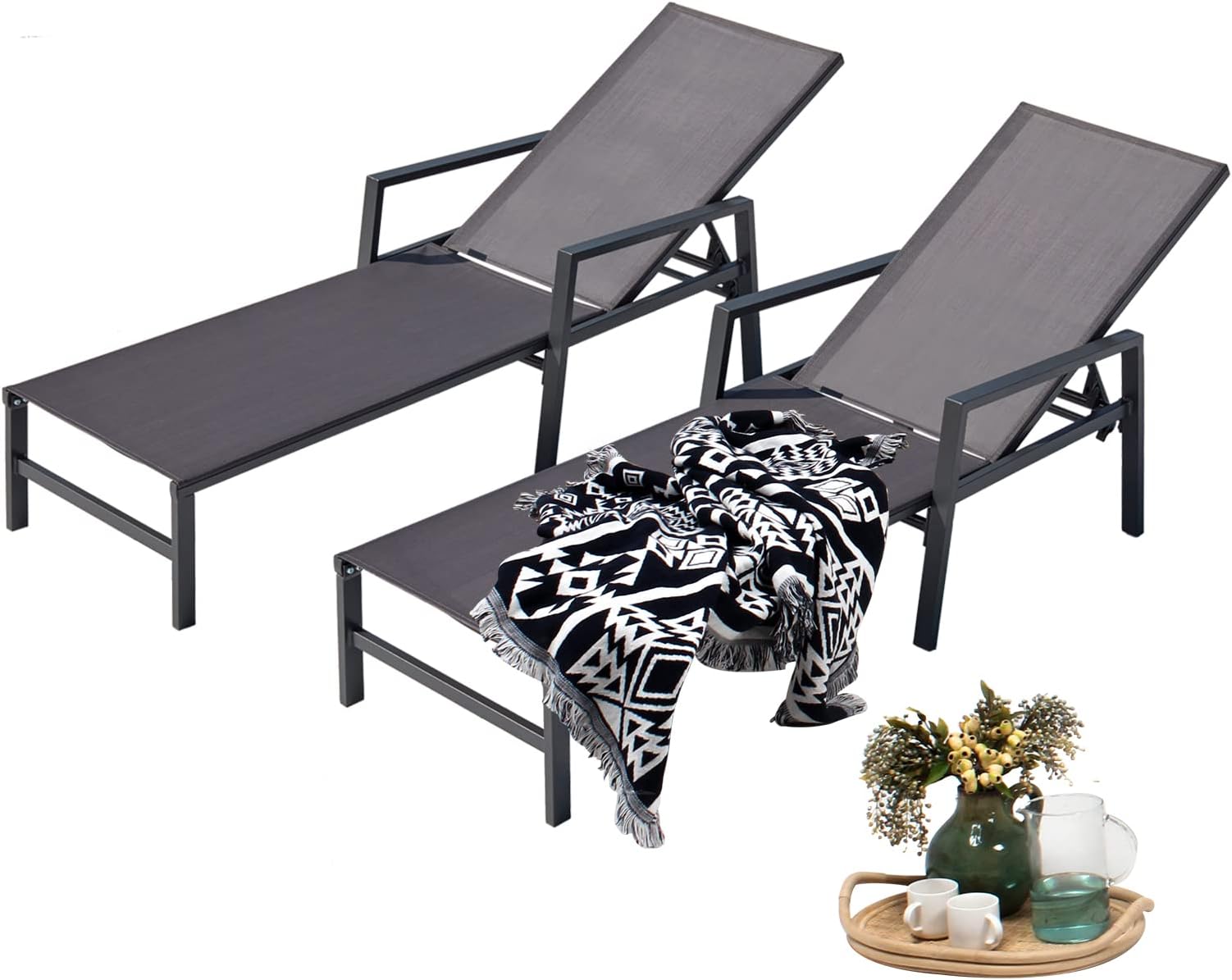 Aluminum Chaise Lounge Chairs Set of 2,5 Adjustable Outdoor Lounge Chaise Chairs,Patio Chaise Lounge with Armrests,for Beach Poolside,Balcony,Yard(Grey)