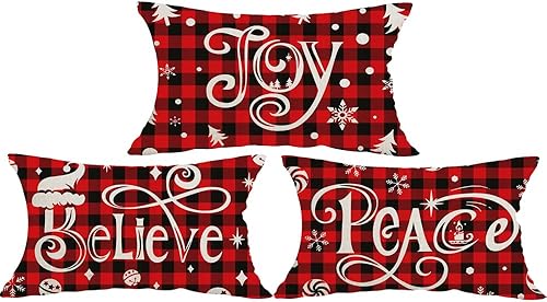 Juego de 3 fundas de almohada lumbares decorativas con diseño de copos de nieve rojos de Feliz Navidad para el invierno, funda de almohada para