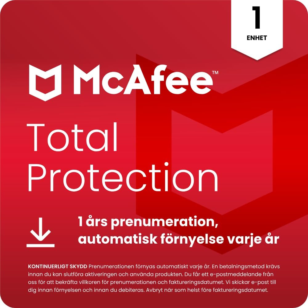 McAfee Total Protection, Antivirus, VPN, Sicherheitssoftware | 1 enhet, 12 månader | Digitalare nedladdning | PC/Mac/iOS/Android