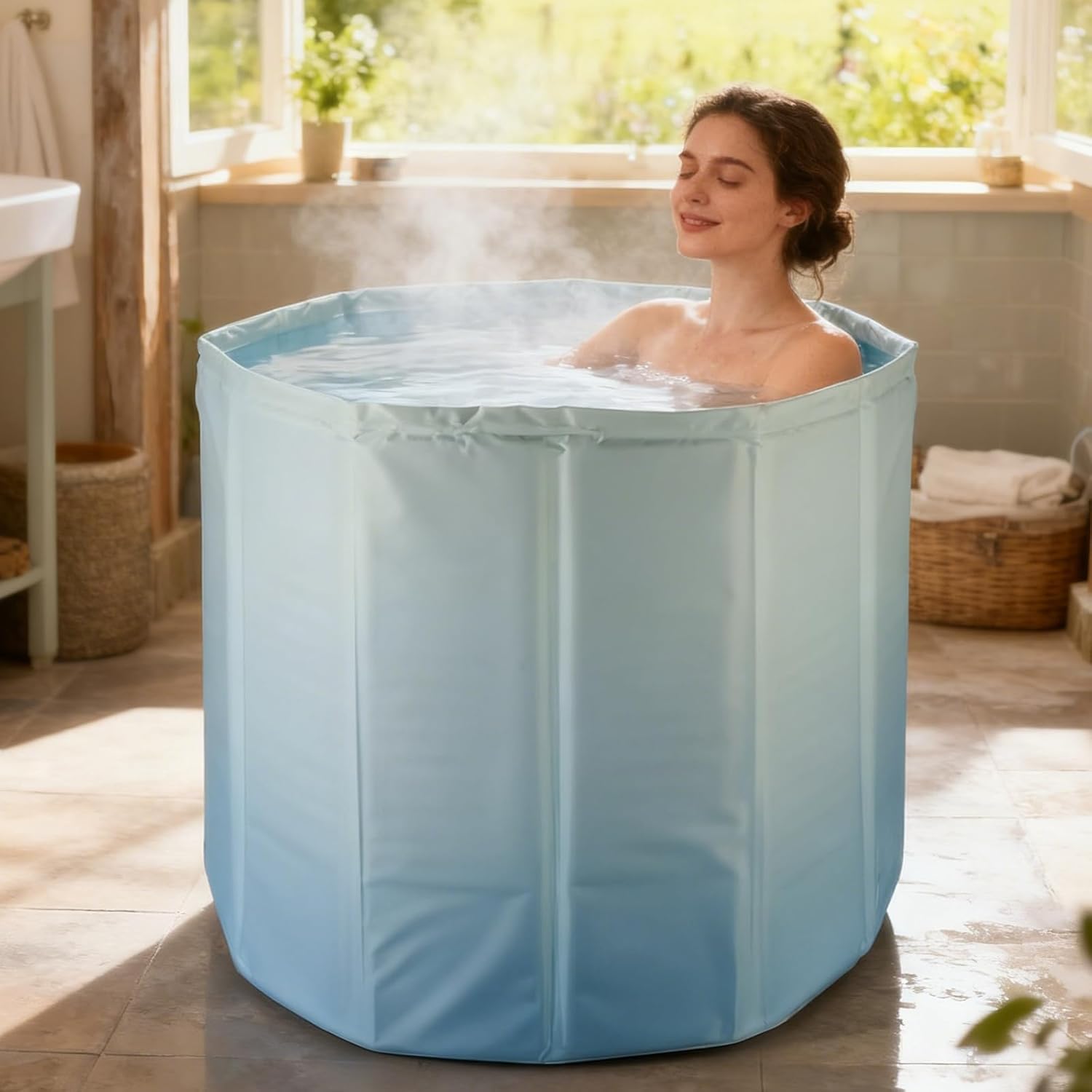 Foldable Bath Tub for Adults, Large Foldable Hot Cold Plunge Tub for Recovery, Collapsible Hot Cold PlungeTub Suitable for Home Outdoors Gyms (Gradient Blue Insulation Set, 31.5 in)
