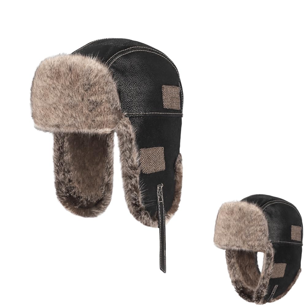 Waterproof Winter Trapper Hat PU Leather Ushanka Cossack Hat Windproof Faux Fur Earflap Hat for Hunting Skiing