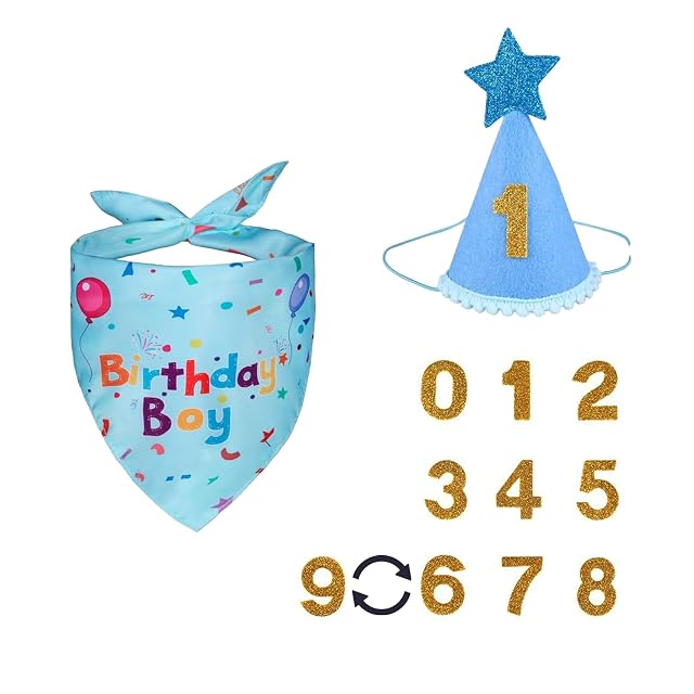 Bestac Dog Birthday Bandana Set - Soft Pet Birthday Hat Reversible Scarf Adjustable Cap Fits Dogs with Neck