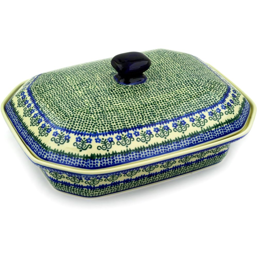 Authentic Polish Pottery Dish with Cover in Fanciful Daisy Design Handmade in Boles?awiec Poland by Ceramika Artystyczna + Certificate of Authenticity