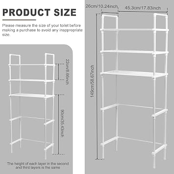 Over Toilet Storage Shelf, 3Tier Over-The-Toilet Organizer Rack, Over Toilet Bathroom Organizer Space Saver, Above Toilet Stand for Home Bathroom Paper Towel (White)