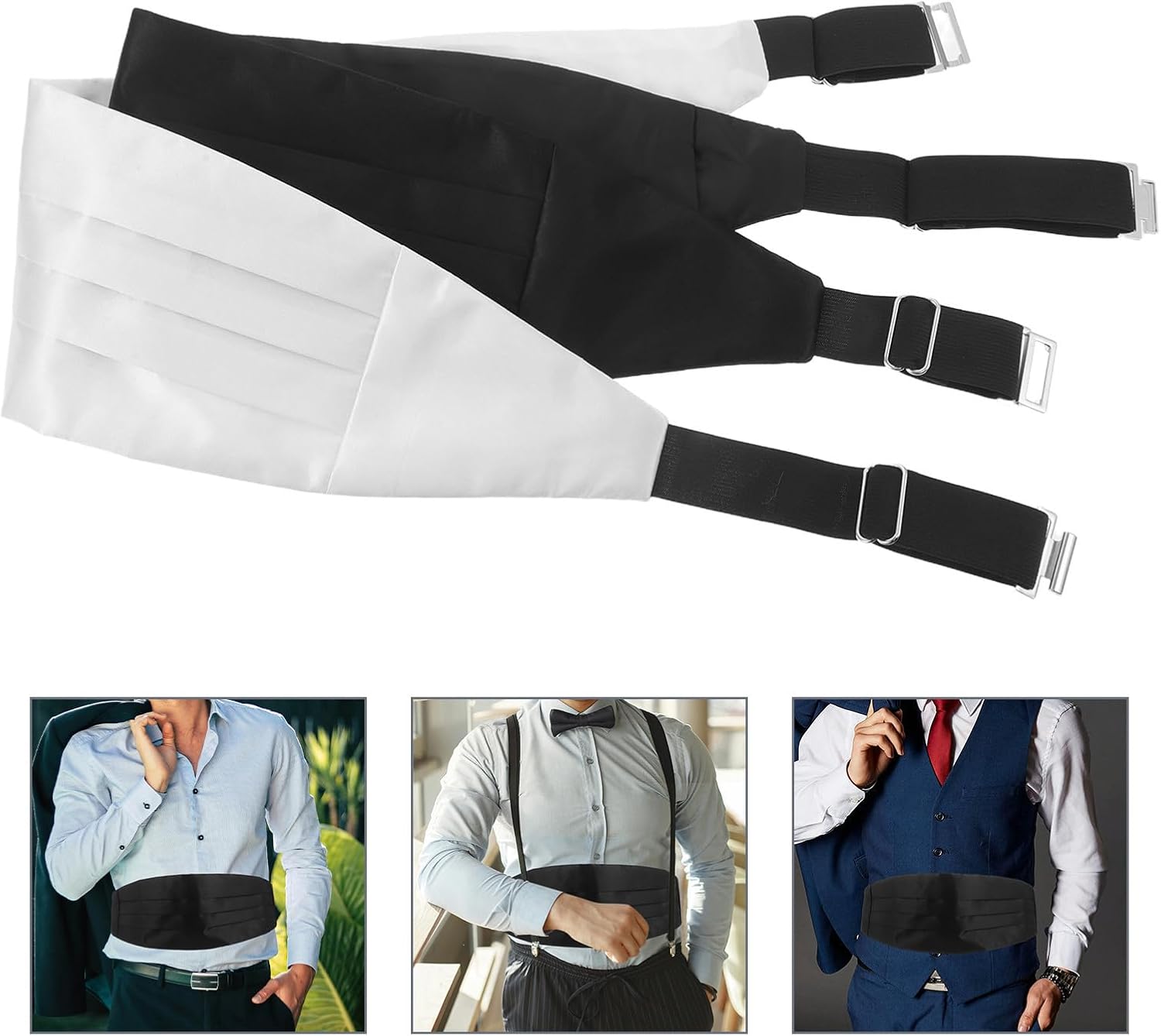 2pcs Adjustable Formal Cummerbund for Men Comfortable Elastic Waistband Tuxedo Accessory Black White Dress Waistband for Weddings Parties and Suit Events