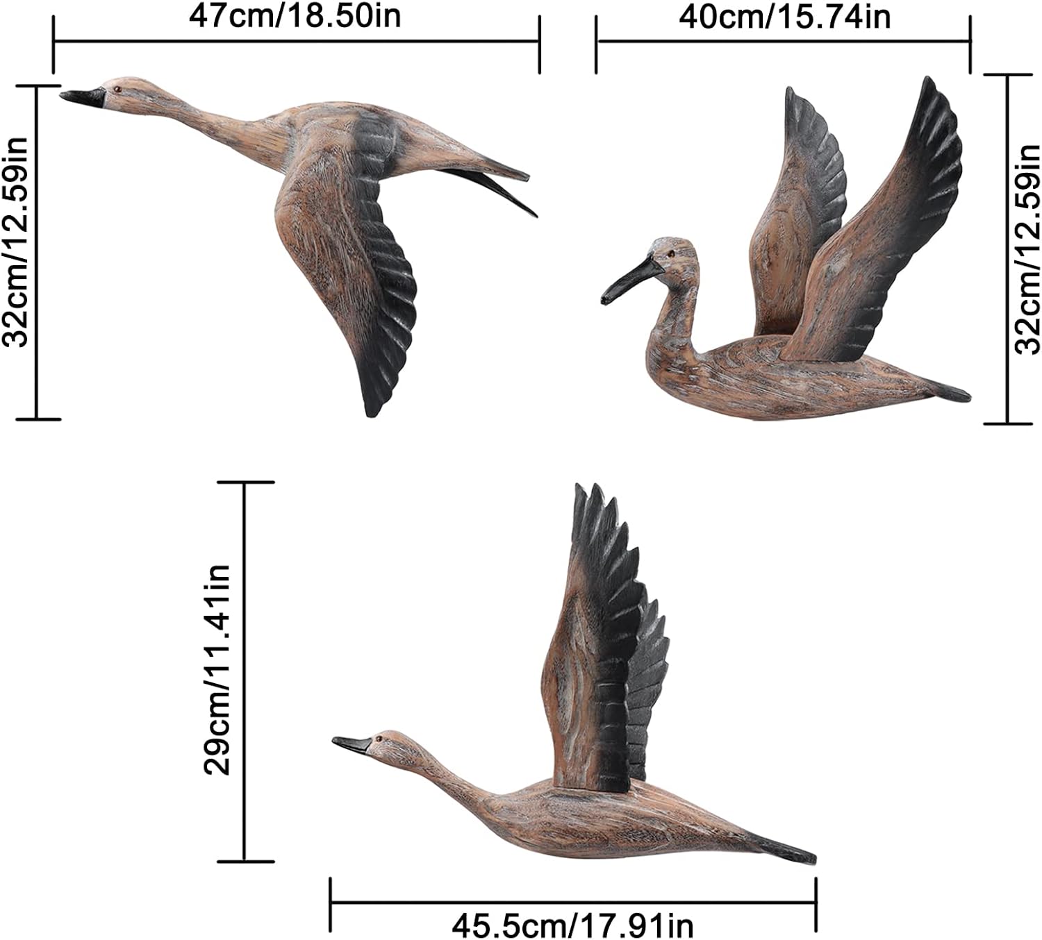 SeaHug Bird Wall Art,Large Wooden Wall Sculpture,Luxury Wall Decor for Housewarming Gift,Hand Carved 3D Goose Figurine,Relax Realistic Flying Migration Birds for Café Bar Hotel Decoration-3Pcs