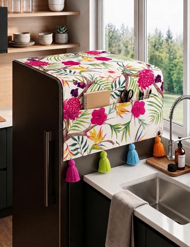 Image of Single Door Fridge Cover 100-250L | 450 GSM Durable Fridge Top Cover with Tassels & Pockets | Fits Godrej, LG, Haier, Samsung Models | Dustproof Refrigerator Cover in Floral | WWW.THROWPILLOW.IN