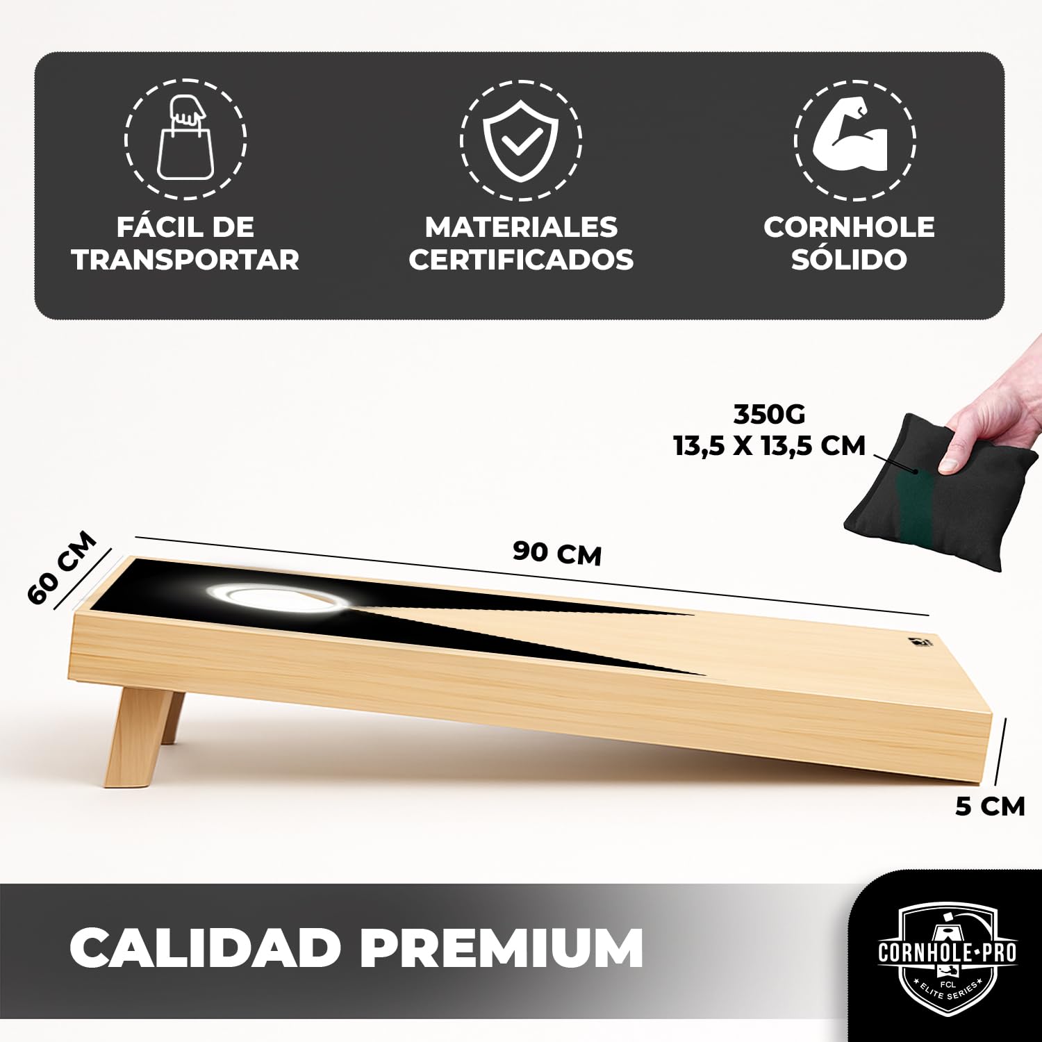 Cornhole Oficial Luminoso de Madera – 90×60 cm – 2 Tableros con Leds + 8 Sacos – Set Completo con Bolsa de Transporte – Juego Exterior para Jardín y Noches – Original Corner