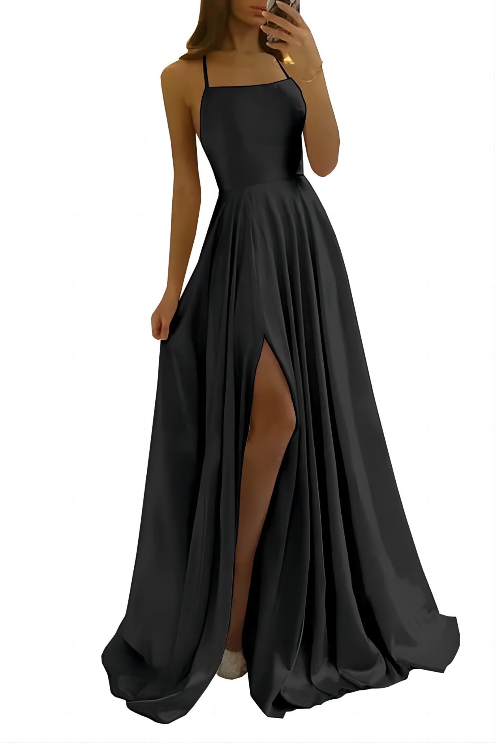 xxxiticat Vestido largo para mujer, elegante, de satén, línea A, vestido de noche, sexy, espagueti, vestido de novia, vestido largo de princesa de dama de honor