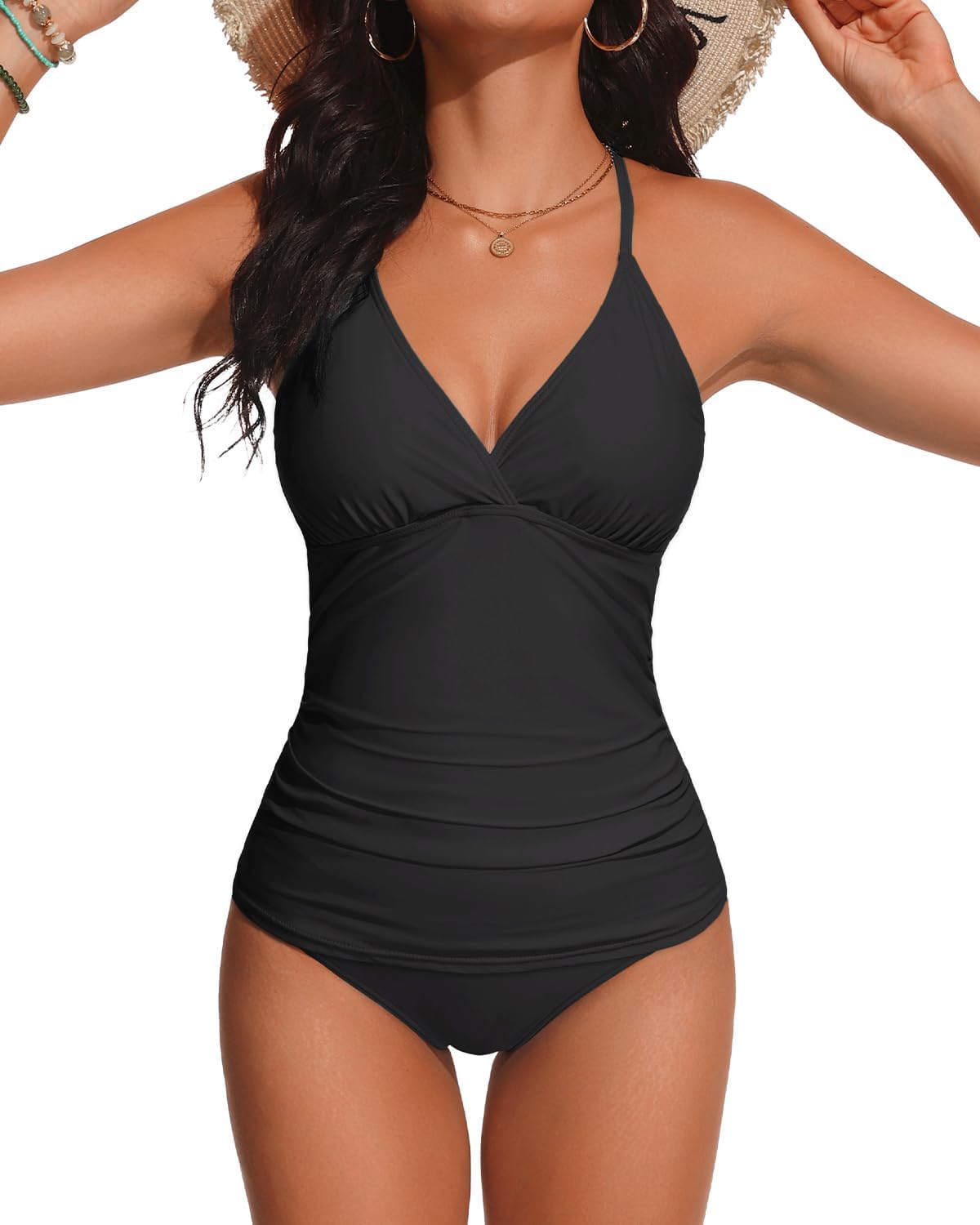 Holipick Tummy Control Two Piece Tankini Set Swimsuits for Women V Neck Tankini Top Bathing Suits with Swim Bottom - Image 3