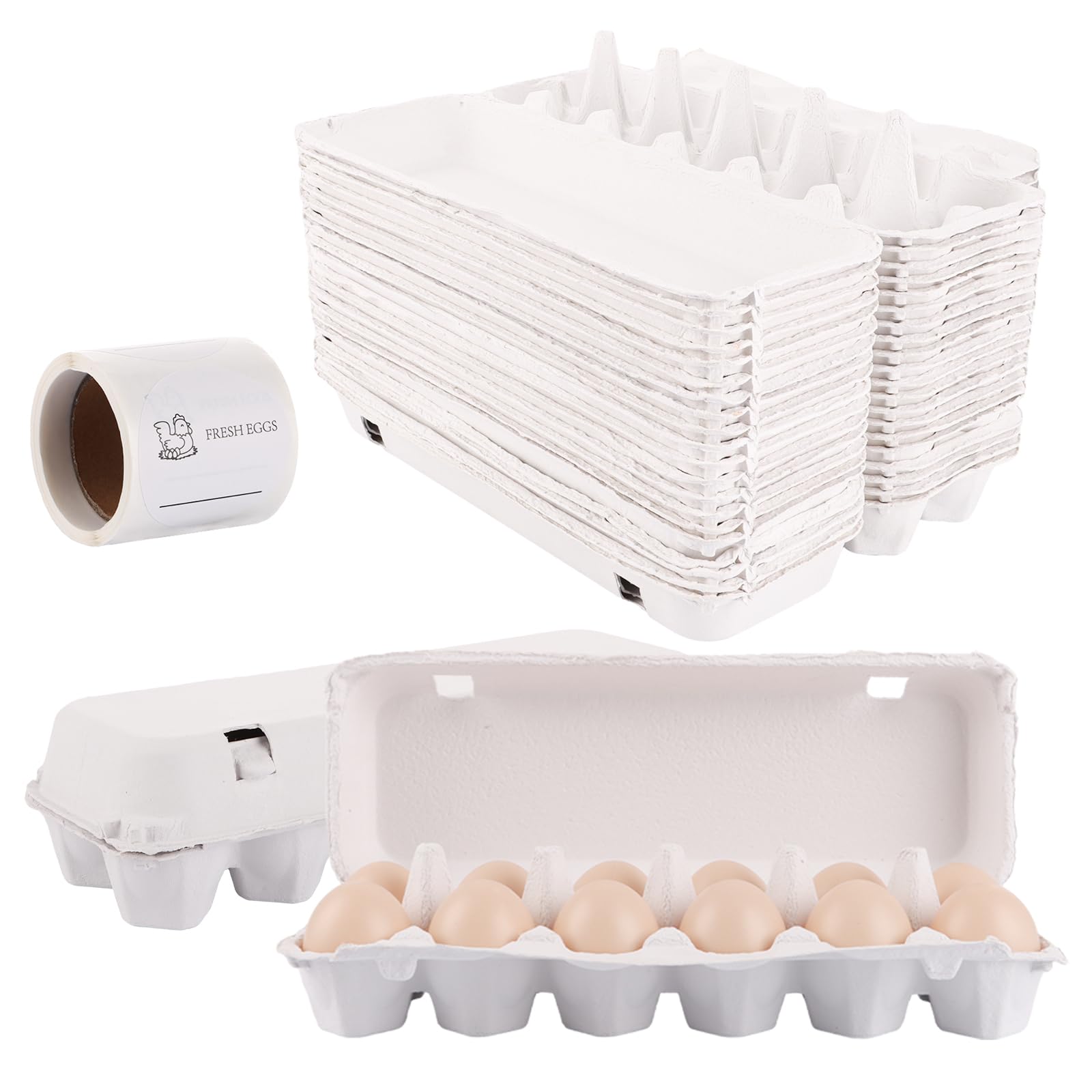 Cajas de cartón para huevos, 12 unidades, cartón de 12 unidades, con tapa, para 12 huevos, con pegatinas, biodegradables, para huevos, color blanco