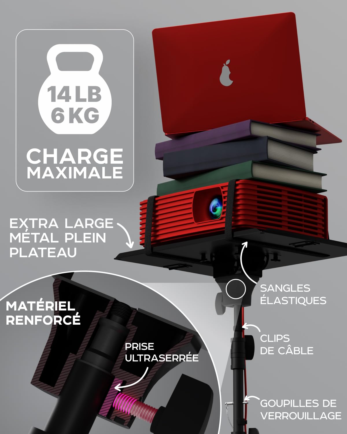 Pied de projecteur, hauteur 68,6 - 157,5 cm, pied de projecteur au sol, pied pour caméra et lumière - bien conçu, facile à régler, support DJ et support pour musique ou film
