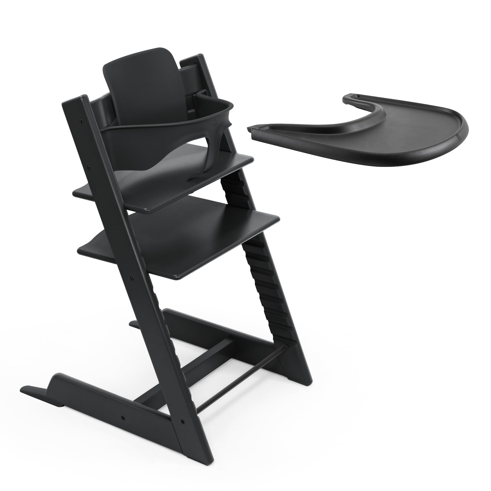 Chaise haute Stokke Tripp Trapp (Noir) avec le plateau Stokke (Noir) - Comprend la chaise + le Baby Set 2 pour les enfants de 6 à 36 mois - Ajustable, ergonomique et facile à nettoyer
