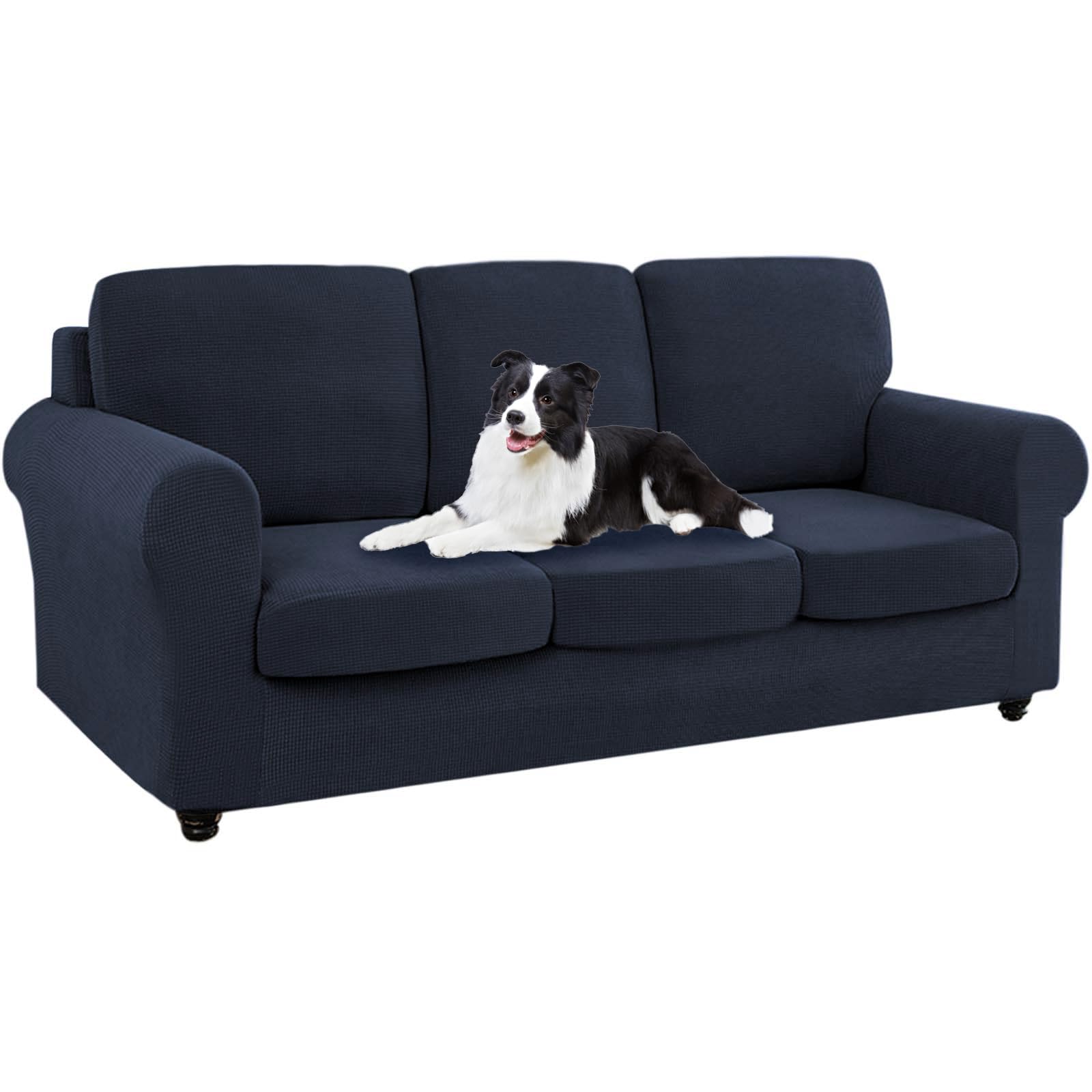 SYLC Ektorp Sofa Cover with Seat Cushions Covers and Backrests Covers Sofa Covers Stylish Stretch Jacquard Couch Slipcover Protector (Navy,LSofa+3 L Seats+3 L Backs)