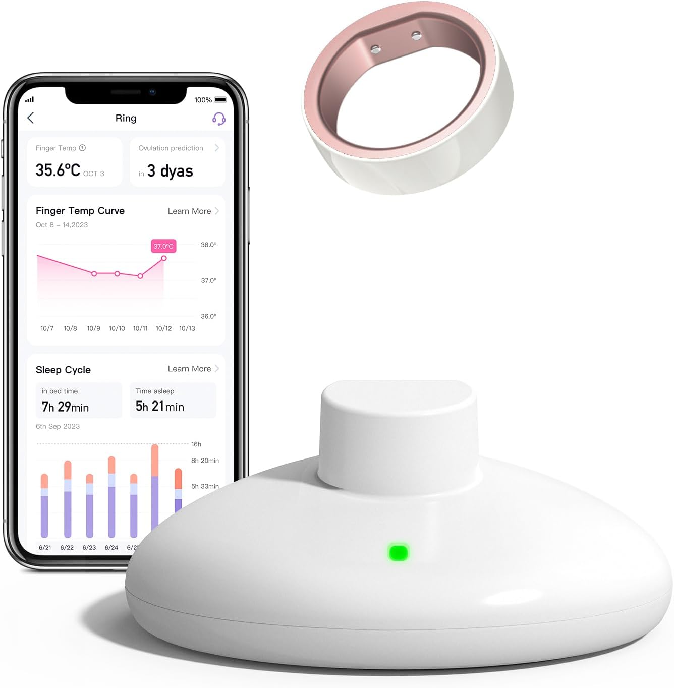 femometer Ring for Ovulation, Period, & Sleep Tracking, Wearable Finger Temperature Monitoring Sensor with App Auto-Sync, Period and Sleep Analysis, Rechargeable, Waterproof - SIZE 7