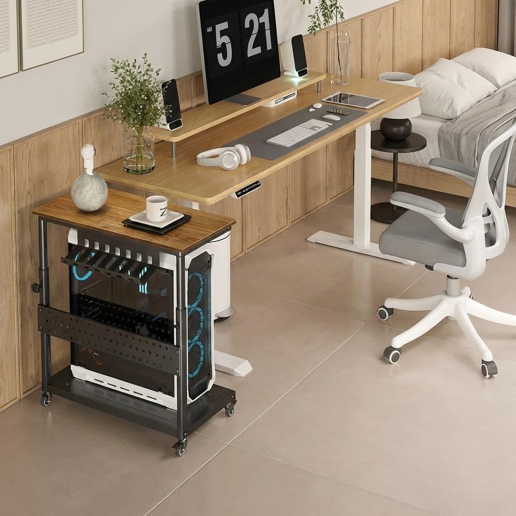 2-Tier Rolling Computer Tower Stand with Cable Management Rack, Height Adjustable CPU Holder Cart with Hooks for Gaming Home Office, PC Stand Fits Under Desk,Walnut