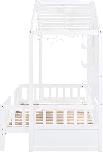 Miniatura 78 de RUNNA Marco de cama de madera de tamaño matrimonial con valla, para niños, adolescentes, niñas, niños, (Natural-Thinck 4col) Natural-Thinck