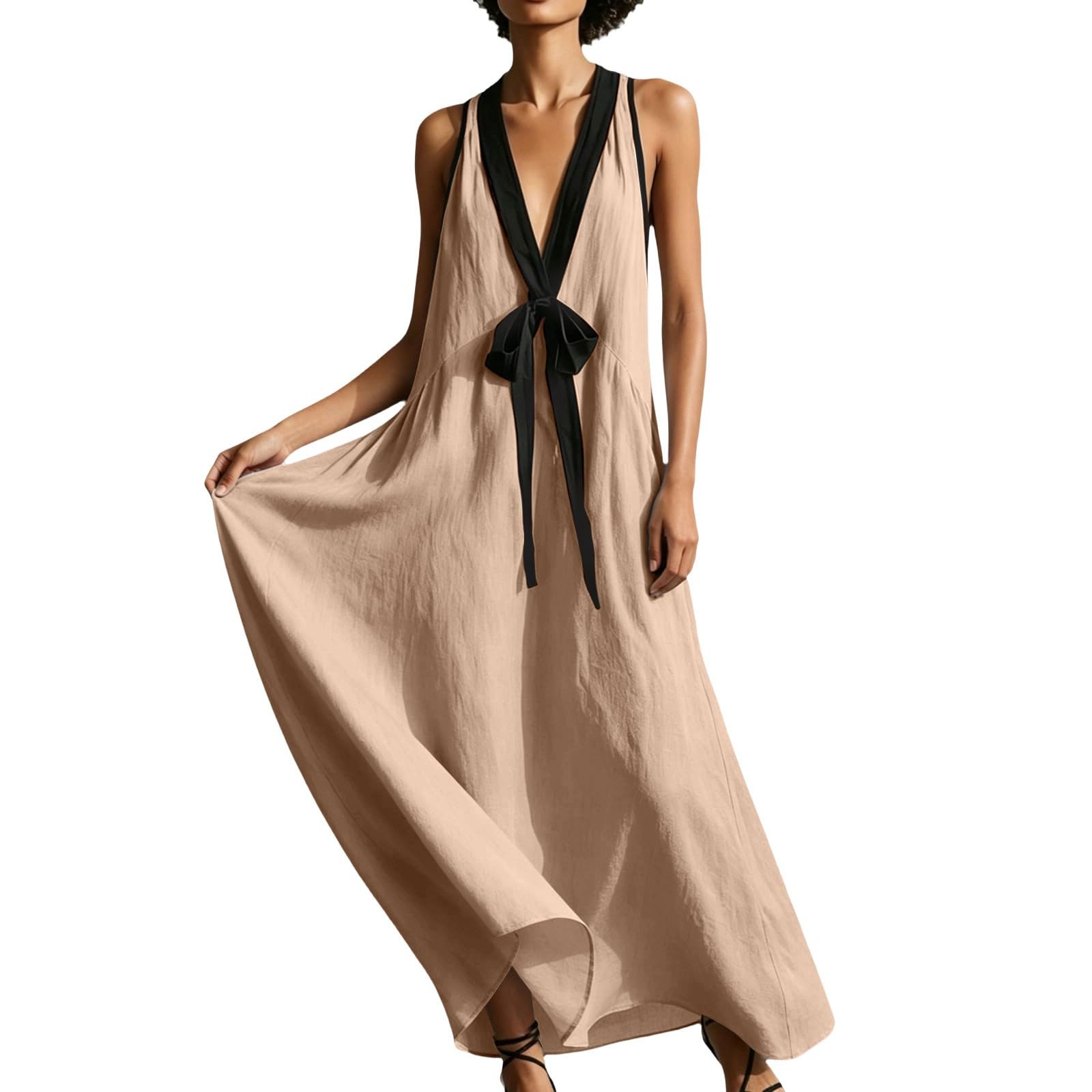 Robe d'été légère pour femme - Robe longue en mousseline - Dos nu - Robe tunique avec nœud - Élégante - Couleur unie - Épaules dénudées - Avec poches - Col en V - Robe de vacances et plage