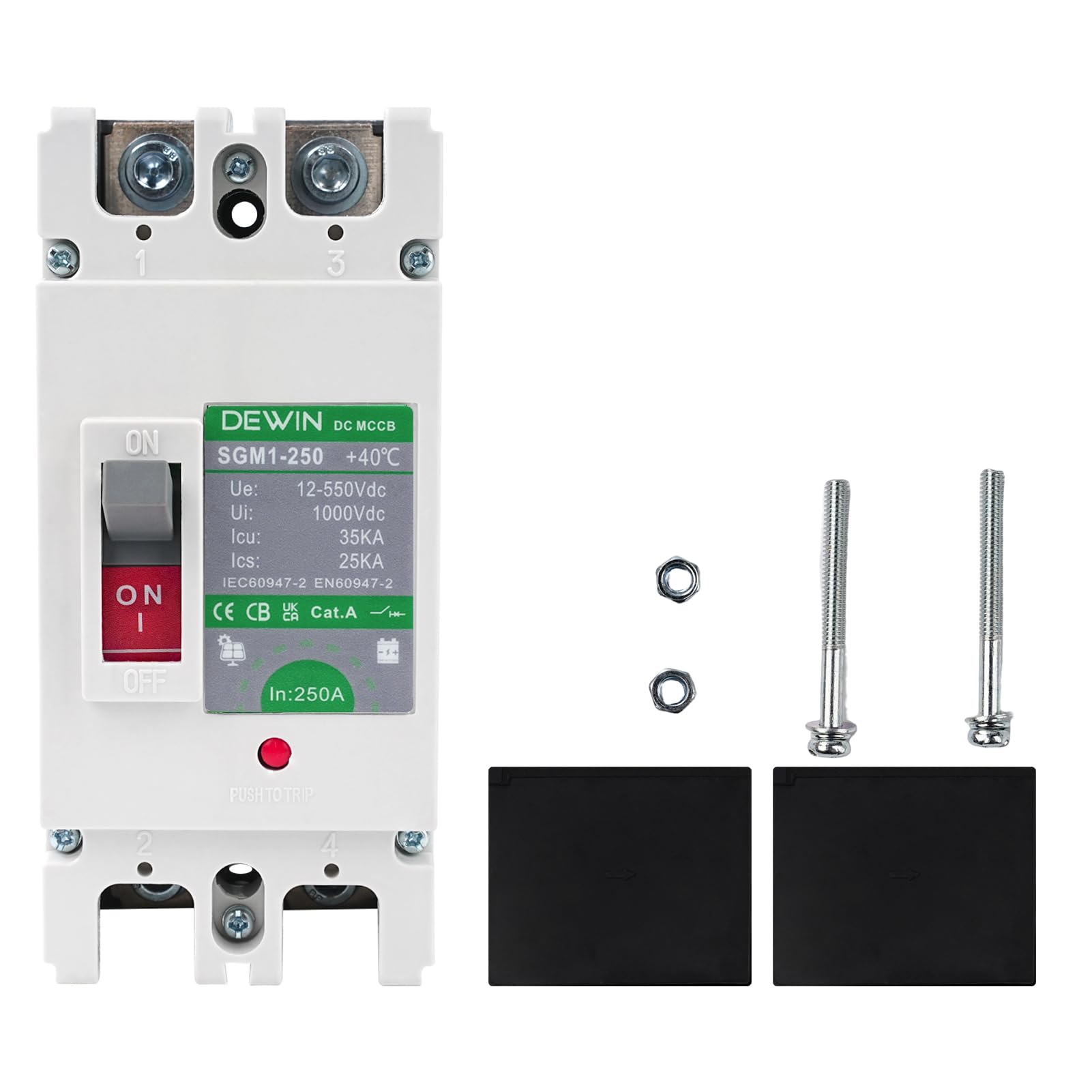 DEWIN DC Leitungsschutzschalter 250A, DC-Leistungsschalter MCCB Gehäuse Solar Batterie Hauptschalter Batterie Trennschalter 2P 250A 500V