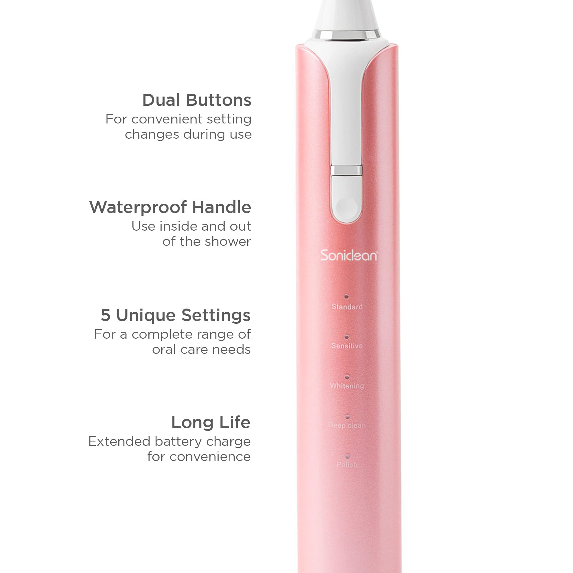 Soniclean Lux Sonic Spazzolino da denti per Adulti Con 6 Testine, Ricaricabile, Automatico, Oro Rosa