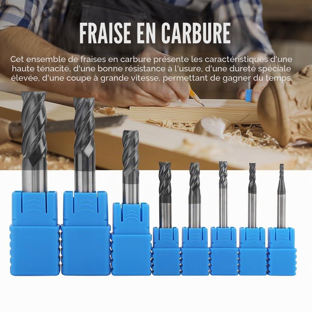 8Pcs Fraises en Bout en Carbure de Acier Tungstène, 2-12mm 4 Flûtes en Carbure de Tungstène Fraises Rotatives CNC Ténacité Elevée Bonne Résistance à l'usure