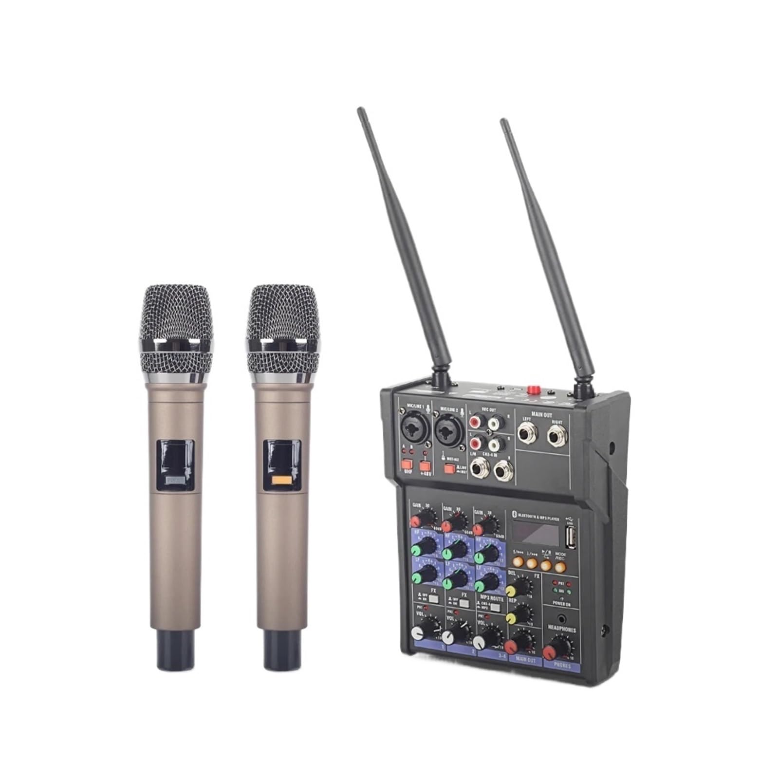 Kontroler DJ-ski, Czterokanałowy mikser audio dla DJ-ów z mikrofonem bezprzewodowym UHF, USB i zasilaniem Phantom 48 V. Odpowiednie nagranie