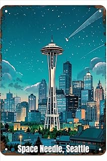 Vintage Metal Sign Space Needle, Seattle Tin Sign Decor Retro Wall Decor For Home Coffee Bar Funny Aluminum Sign 8x12 inch