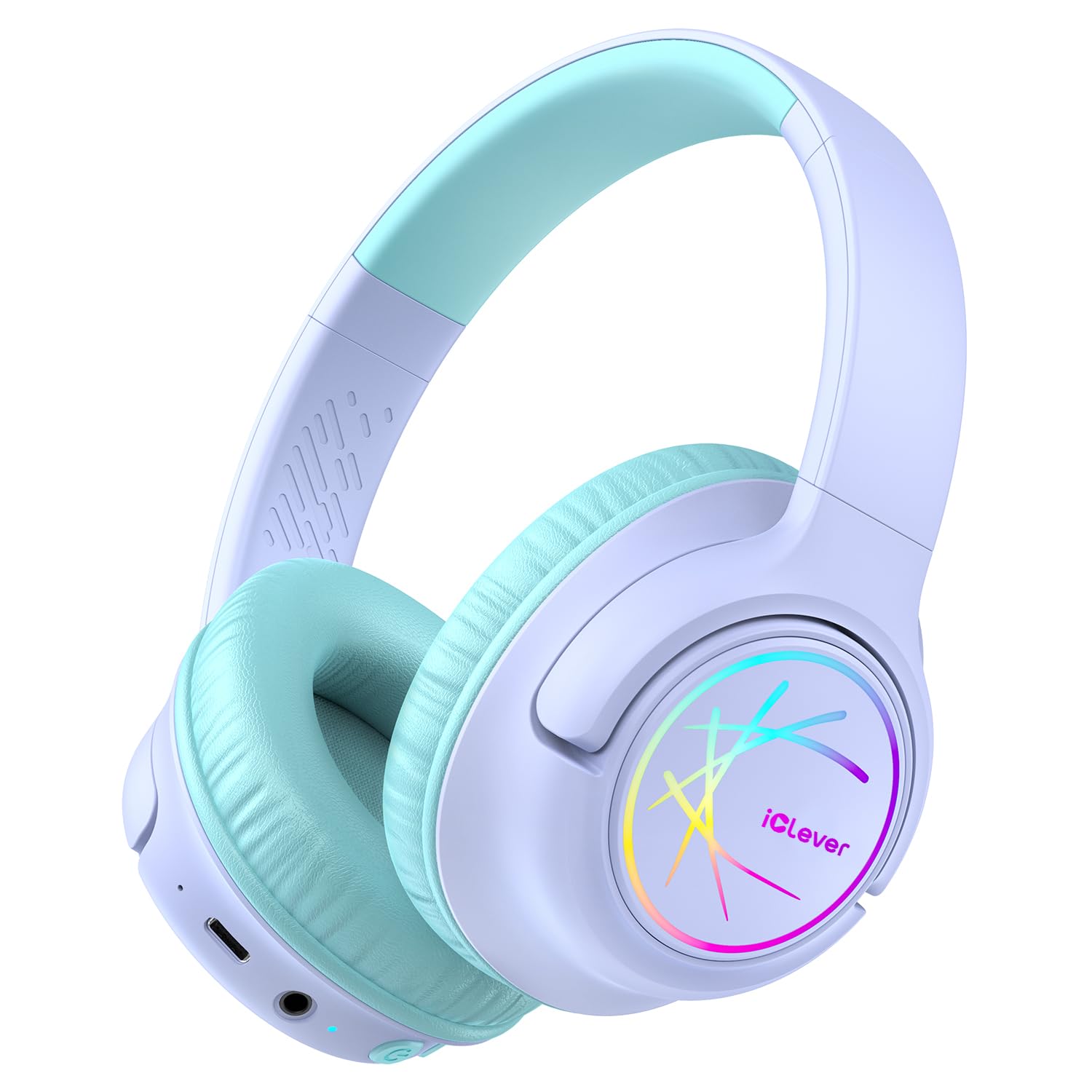 iClever Bluetooth Kopfhörer Kinder mit LED-Leuchten, 74/85dBA Lautstärkebegrenzung, 43 Stunden Spielzeit, Stereo-Sound, Typ-C, AUX-Kabel, Bluetooth5.3 Kinderkopfhörer für Tablet/Reisen