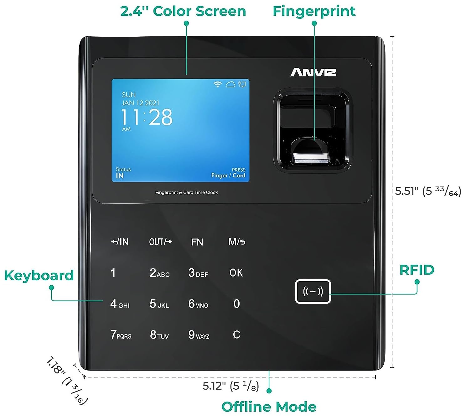 ANVIZ W1 PRO WIFI Détection de présence : Biométrique, Badge Rfid et PIN, Linux, CPU 1 GHZ, LCD TFT 2,8", Tcp/ip, Wifi, Clavier à Touch.