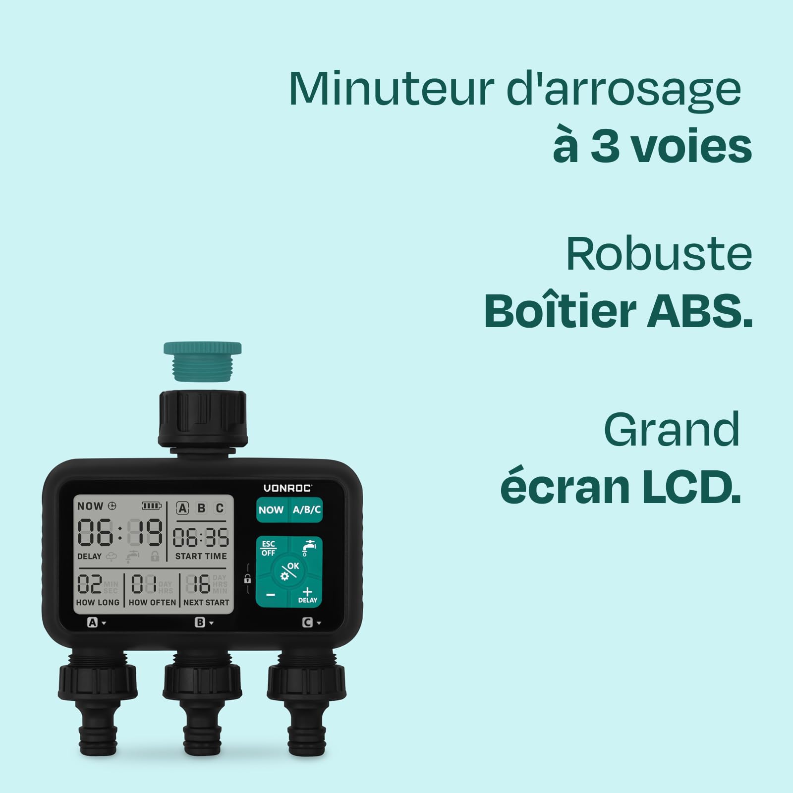 ONROC Minuteur d'eau - Ordinateur d'irrigation - Système d'arrosage Automatique - Intervalle et durée réglables : 1 Heure à 15 Jours/1 Seconde à 99 Min (3 Voies sans système d'irrigation)