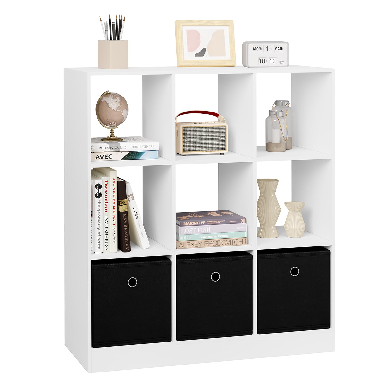 WOLTU Libreria Bianca, Libreria a 9 Cubi Portaoggetti, Scaffale in Legno con 3 Cassetti in Tessuto Non Tessuto, per Soggiorno, Camera da Letto, Ufficio, 80x30x86,5 cm, SK041ws
