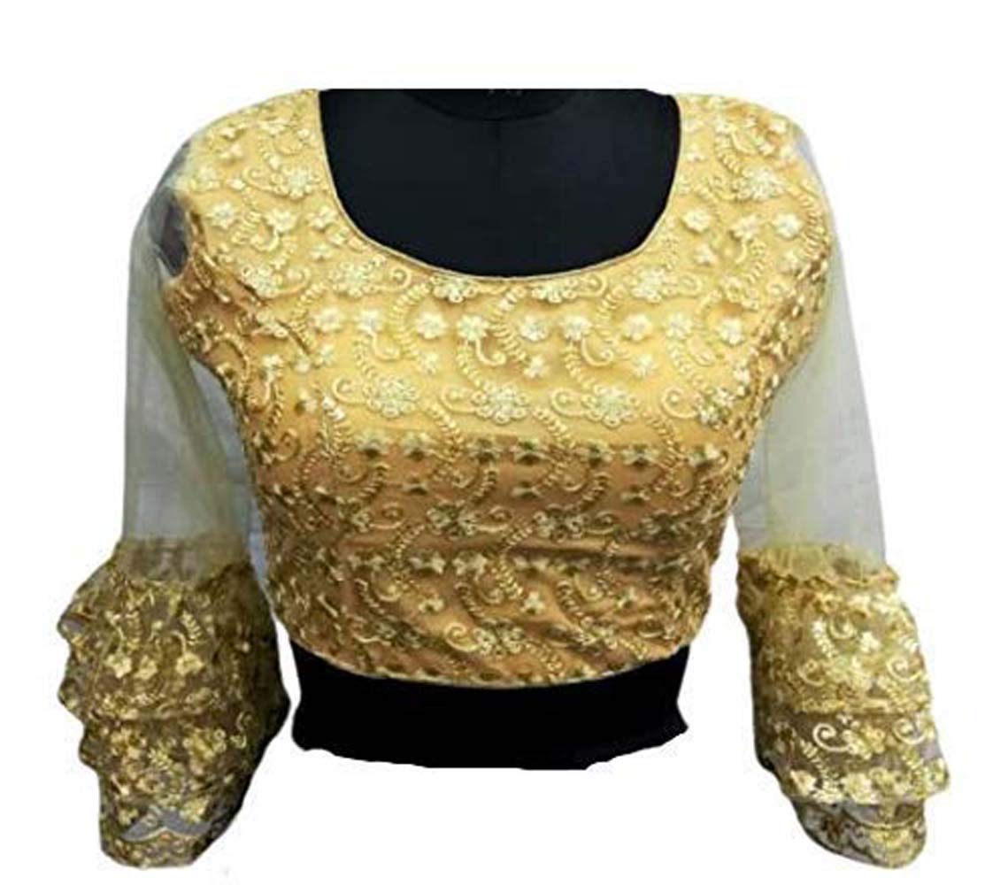 LOOKLINEWomen's Soft Pure Nylon Readymade Blouse with Chiffli Embroidery Thread and Sequence Work_ 36+2 inches