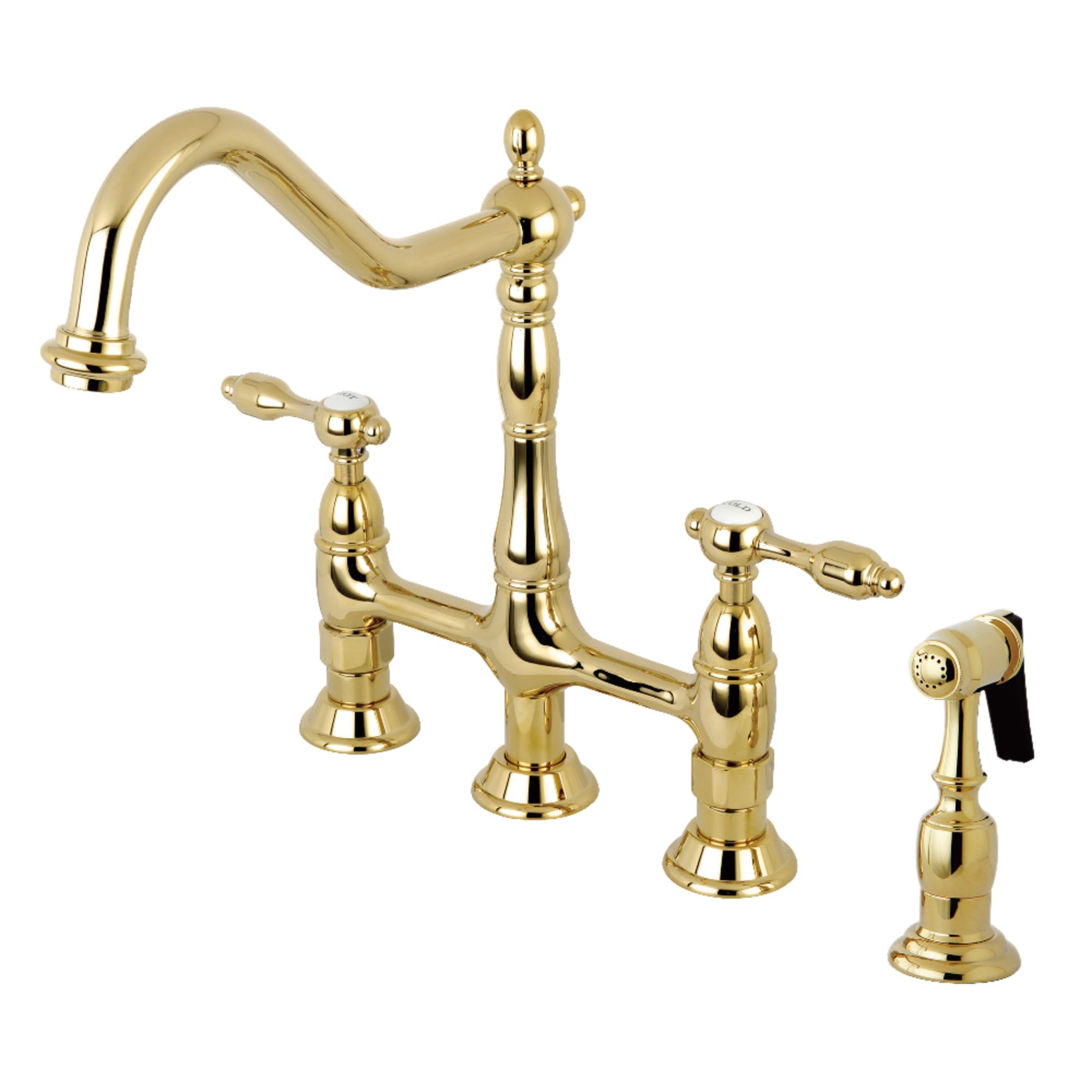 Kingston Brass KS1272TALBS Two-Handle 4-Hole Deck Mount Bridge Kitchen Faucet with Brass Sprayer