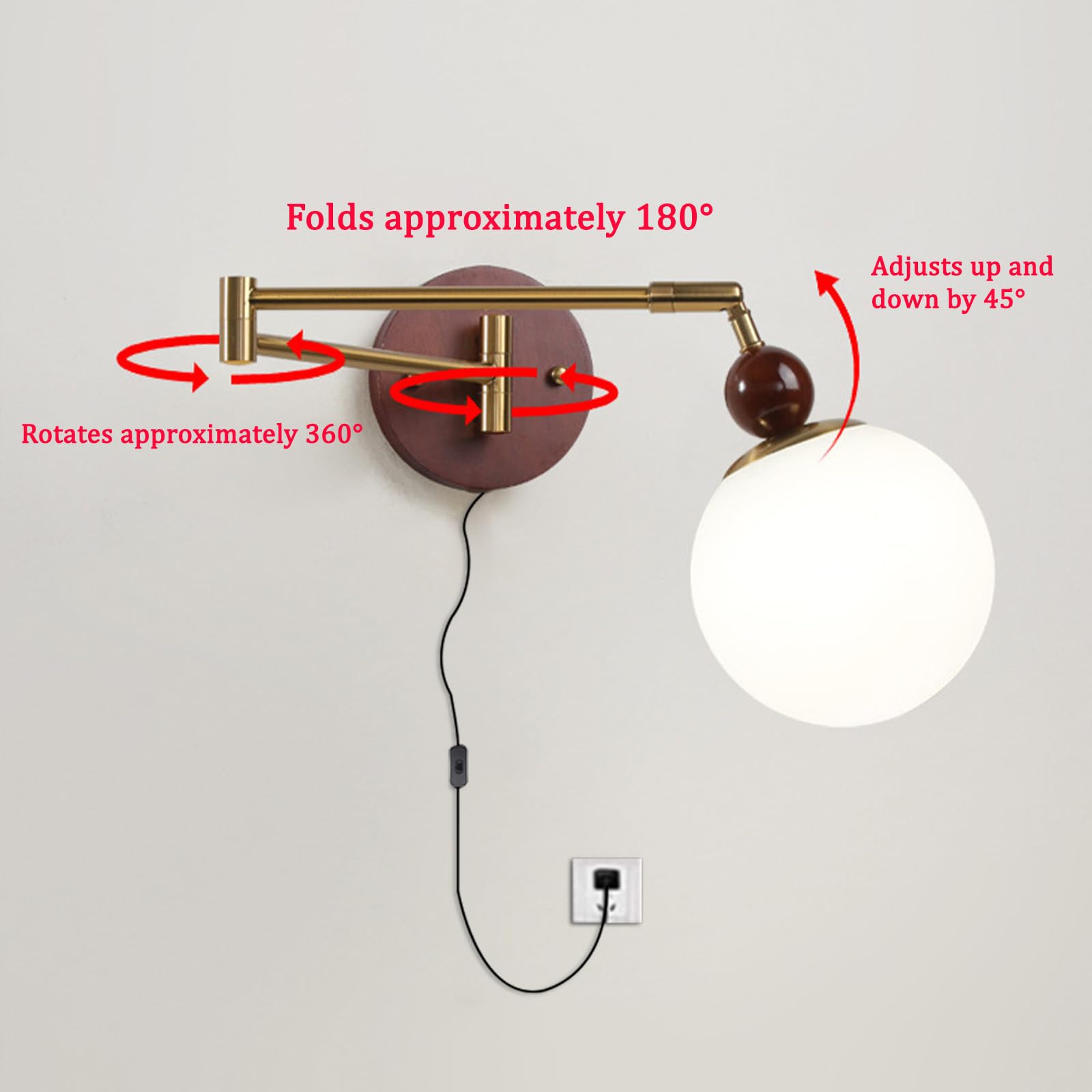 Lampa ścienna z wtyczką i przełącznikiem, styl vintage, E27, oświetlenie ścienne, wychylne ramię wysuwane, składana, lampa ścienna do salonu, sypialni, stolika nocnego korytarza (naturalne
