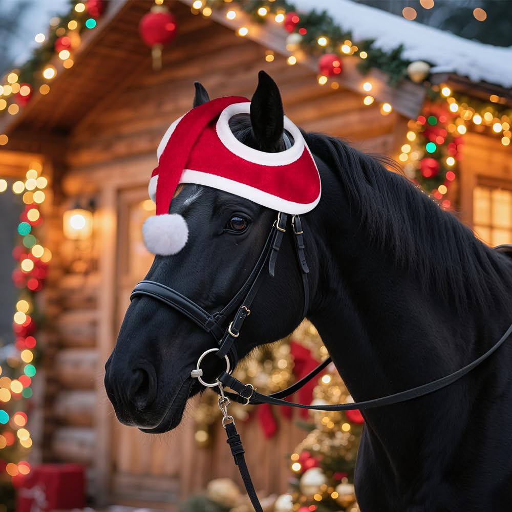 Bonnet de Noël pour Cheval, Bonnet de Noël avec Cheval, Bonnet de Noël pour Casque D'équitation, Accessoires de Noël pour Chevaux, Tenue pour Noël, 35 cm x 43 cm