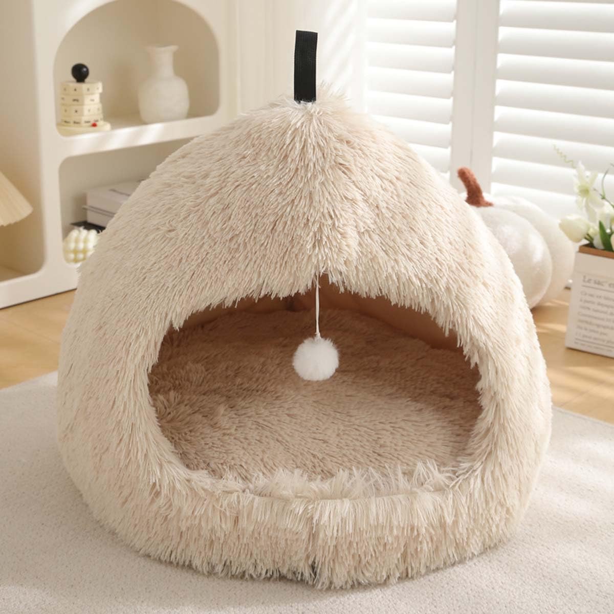 Monbaer Cat Bed Igloo Cave for Cats Dogs, 2-in-1 Triangle Indoor Pet Tent Fluffy Plush Calming Dog Bed, Cat Nest House with Handle Washable Removable Pillow Cushion (XL:63x63x50cm,Beige)