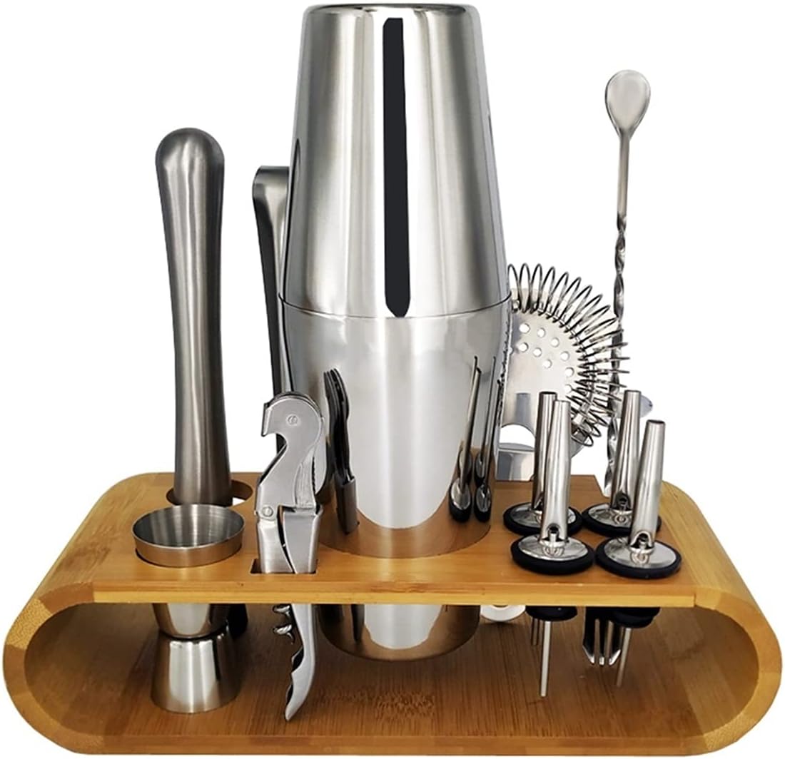 Set de Coctelera de Acero Inoxidable con Soporte de Madera 13 Piezas 750 600ml